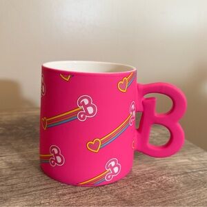 Barbie Stoneware Mug Bright Matte Pink Oversized Rainbow Heart B Logo Handle
